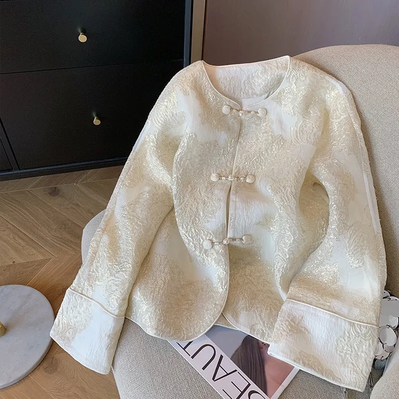 

Куртка для женщин, винтажная, весенне-осенняя, элегантная, темпераментная, модная, жаккардовая, на пуговицах, с круглым вырезом, короткое пальто, свободное, с длинными рукавами