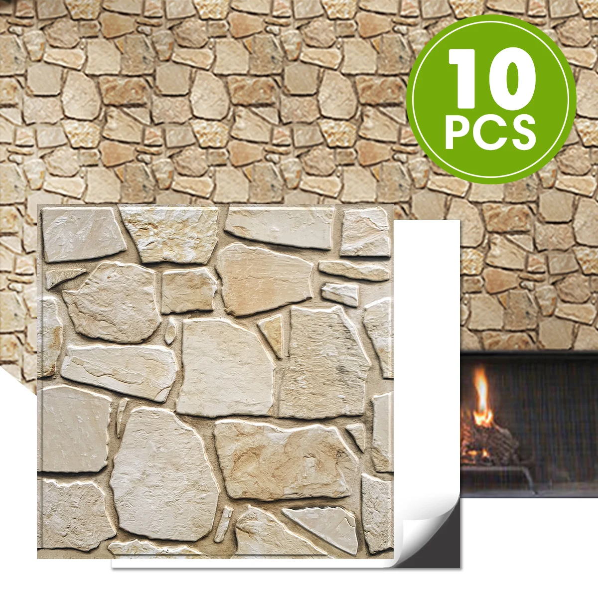 

Commomy 10 Pcs 3D Peel and Stick Wall Panels, Faux Stone Kitchen Tiles Sticker, Wall Stickers for Living Room, Fireplace