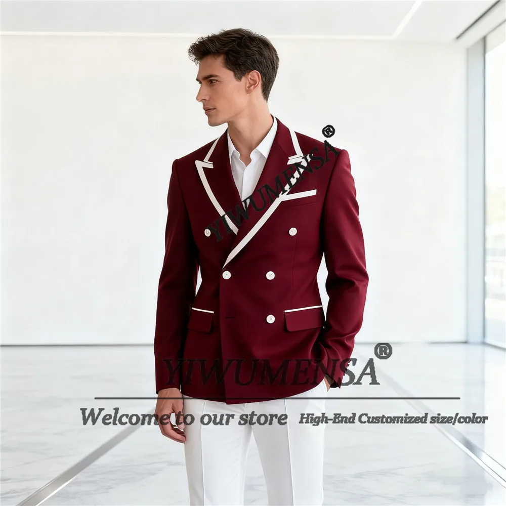 

Бордовый костюм в консервативном стиле, мужской костюм на свадьбу, двубортный пиджак, брюки, комплект из 2 предметов, мужские банкетные смокинги, пиджаки по индивидуальному заказу
