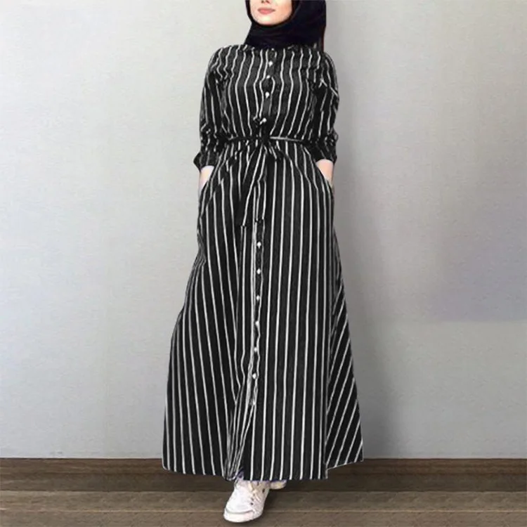 Women Muslim Dubai Abaya Kimono Striped Long Dress Kaftan Islam Clothing Button Shirt Maxi Dresses Vestidos Robe African Abaya