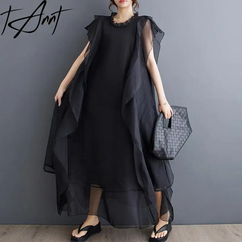 Tannt Women Dress Mesh Patchwork Asymmetry Sleeveless Black Dresses Irregular Loose Casual Summer Dresses Women 2024 New