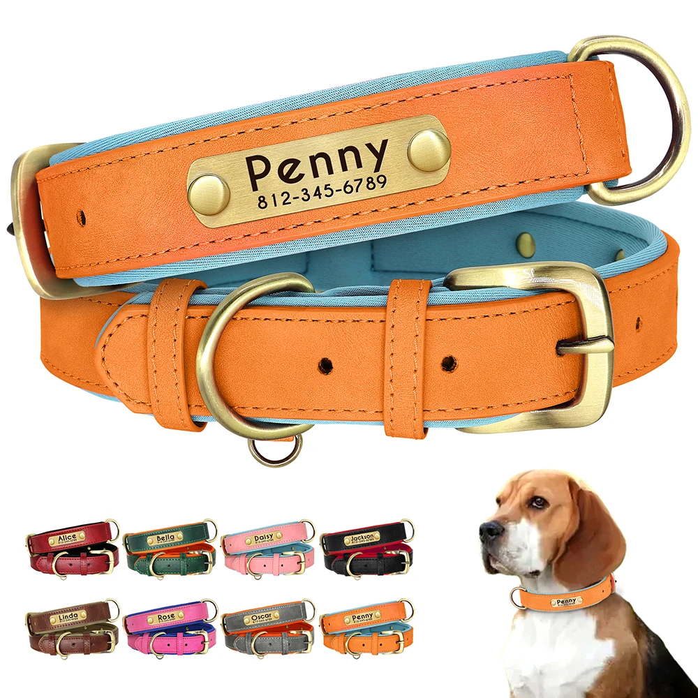 

Custom PU Leather Dog Collar Personalized Pet ID Dog Collars Soft Padded Pitbull Chihuahua Necklace for Small Medium Large Dogs