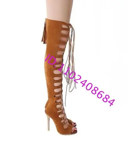 Rome Style Gladiator Lace Up Thigh High Sandal Boots Plus Size 43 Fashion Woman Thigh High Lace Up High Heel Sandal Boots