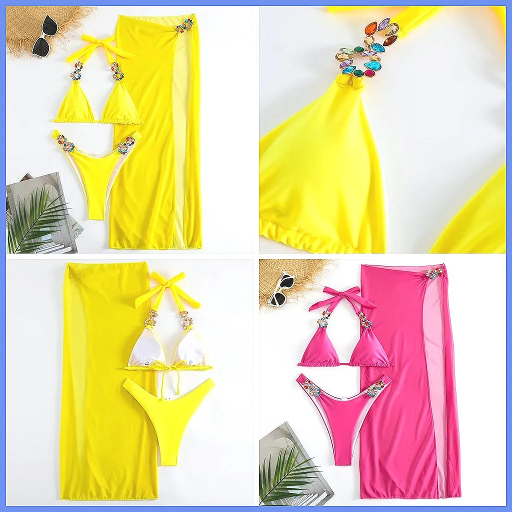 

Sexy Rhinestone Brazilian Bikini Set 2026, Shiny Yellow Women's Two Piece Swimsuit for Beach