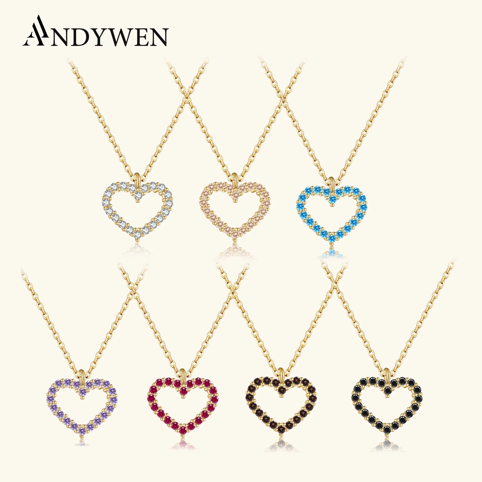 ANDYWEN 925 Sterling Silver cyrkon kolorowy tęczowy wisiorek w kształcie serca długi naszyjnik z łańcuszkiem moda piękna biżuteria dla kobiet ślub