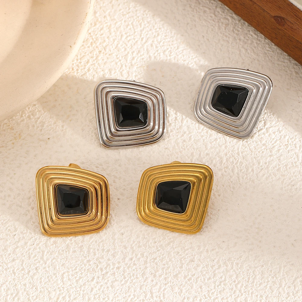Vintage geometrische Edelstahl gerippte quadratische Inlay Zirkon Ohrringe für Frauen Charm Schmuck Geschenke