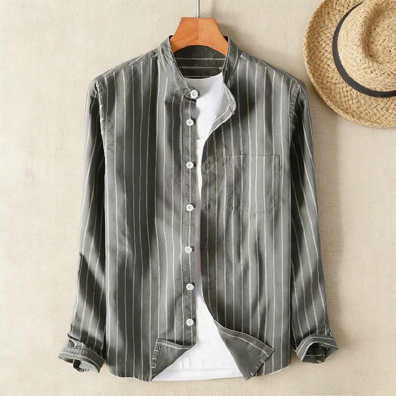 

Men Cotton Linen Casual Shirt Multi Colored Striped Sleeve Comfortable Spring Autumn Travel Wear