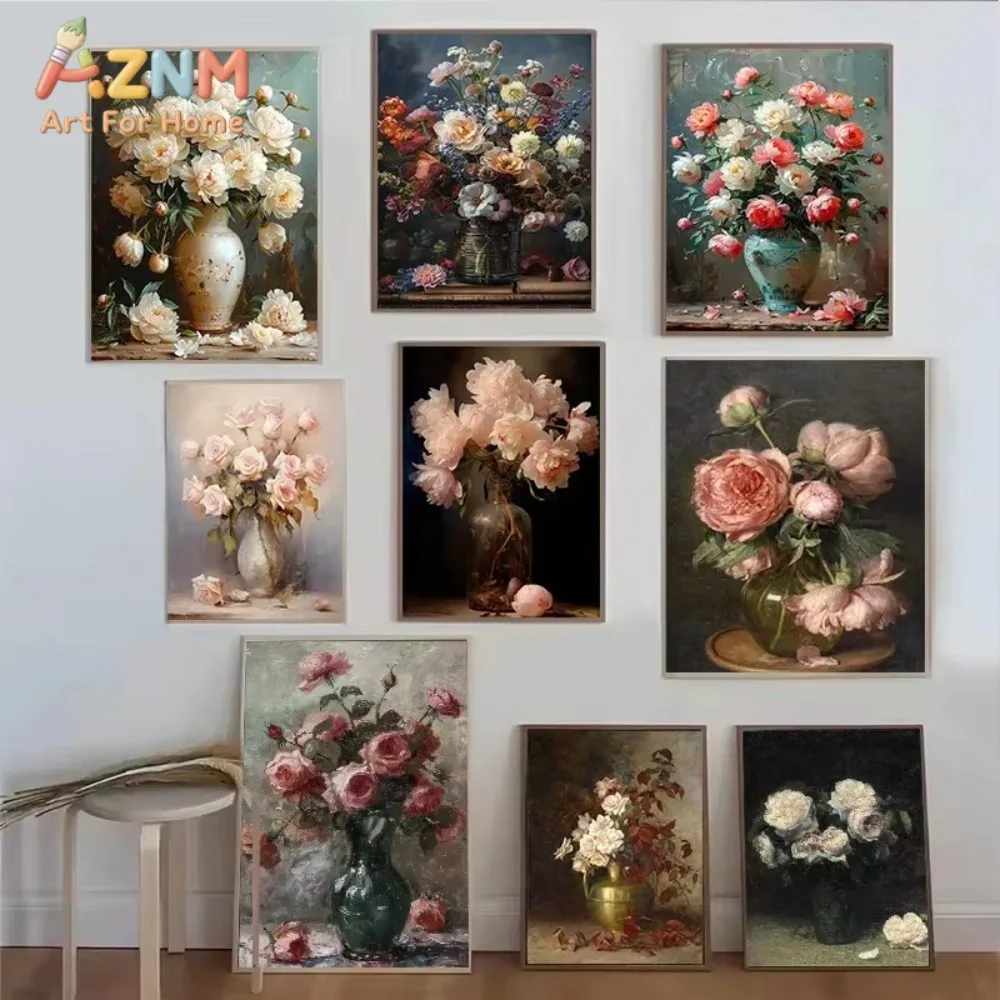 

1pc Vintage Bouquet Pink Roses Nordic Flowers Life Oil Painting Printed Poster Canvas Paintings Wall Art Pictures Home Decor