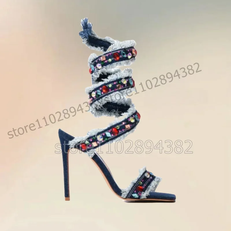 

Blue Denim Ruffles Colorful Crystal Twine Sandals Slip On Women Shoes Thin High Heels Pointed Toe Novel 2026 Zapatos Para Mujere