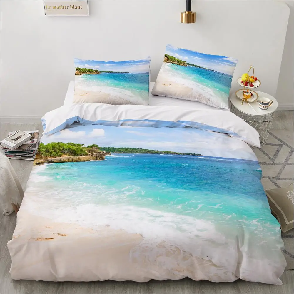 

Ocean Duvet Cover Set King Size Polyester Tropic Ocean Style Sandy Shore and Sea with Waves Escape To Paradise Theme Bedding Set