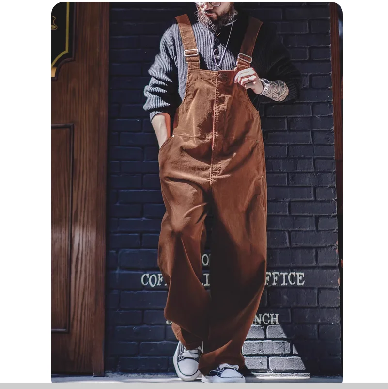American retro corduroy overalls Amikhaki loose straight leg jumpsuit men's autumn and winter