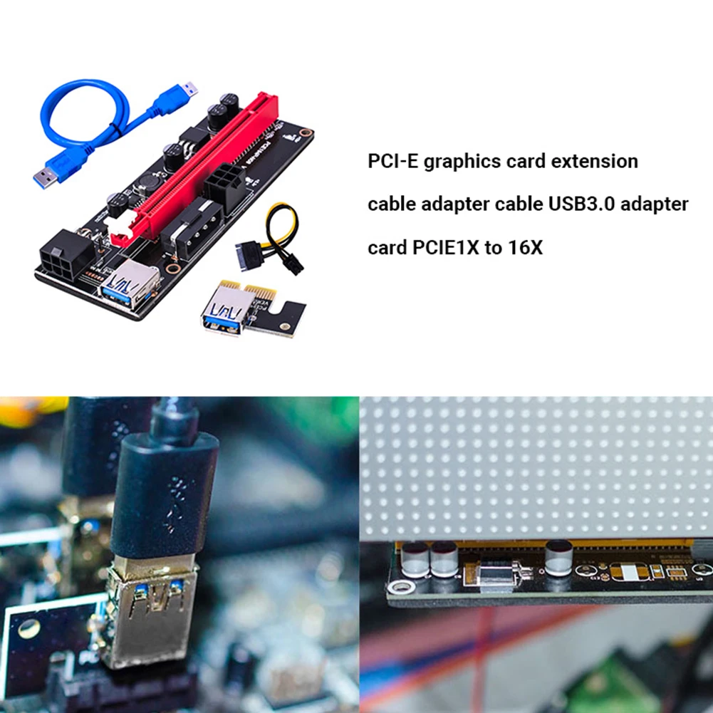 Ver 009S USB 3.0 PCI-e Riser PCIe PCI Express 1X à 16X carte adaptateur d'extension câble d'alimentation 6 broches 130x44x5mm