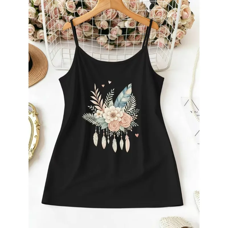 Women Boho Spaghetti Strap Cami Top Dreamcatcher Floral Feather Print Sleeveless Tank Top Bohemian Casual Summer Holiday Tops