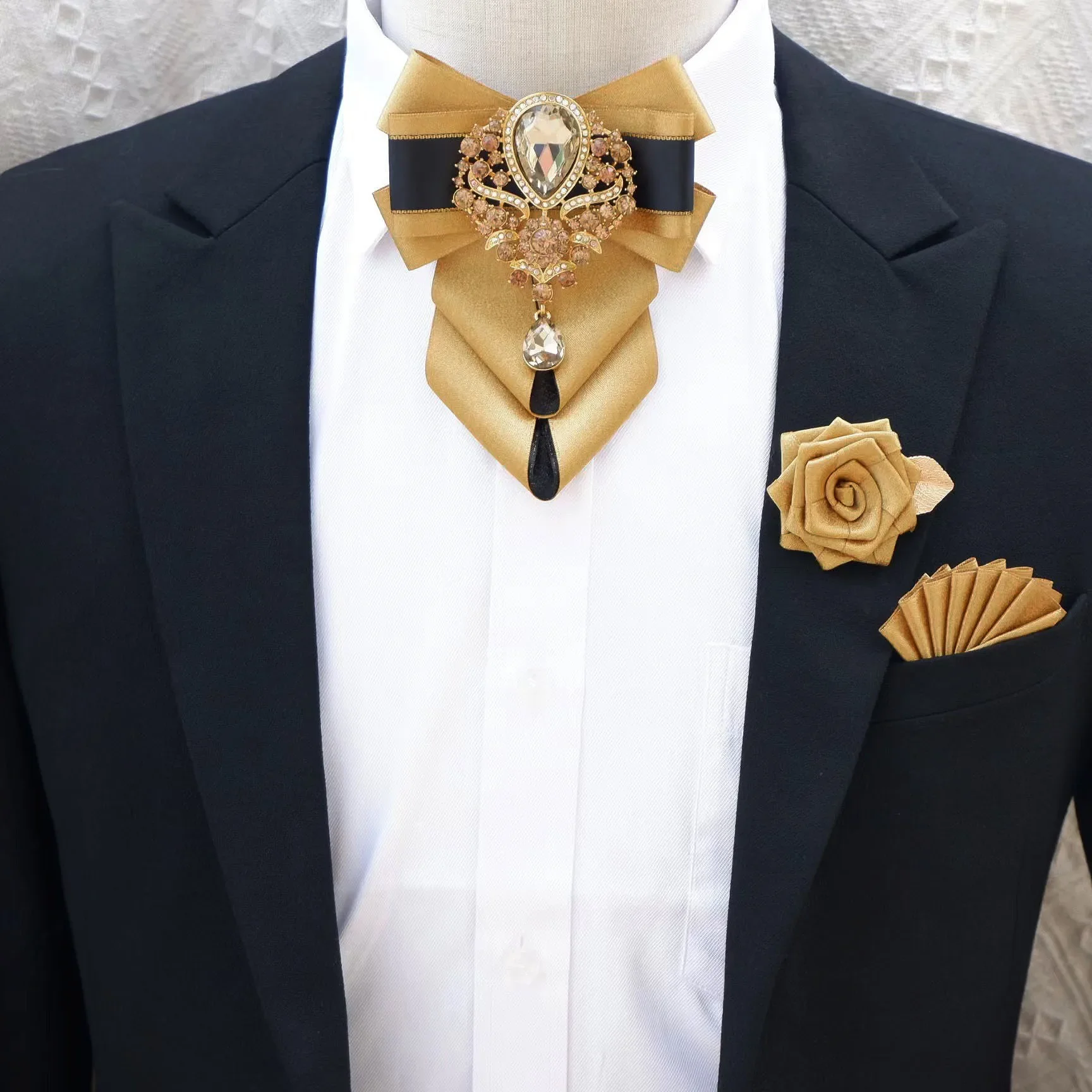 Luksusowe Rhinestone muszka broszka chusteczka do kieszeni zestaw męska wysokiej klasy biżuteria prezent moda nowy brytyjski koreański mężczyzn akcesoria ślubne
