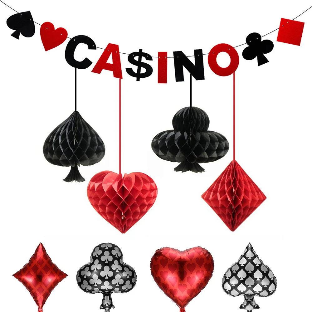 

Casino Theme Party Decorations Honeycomb Ball Card Garlands Balloons Magic Birthday Las Vegas Party Decor Black Red