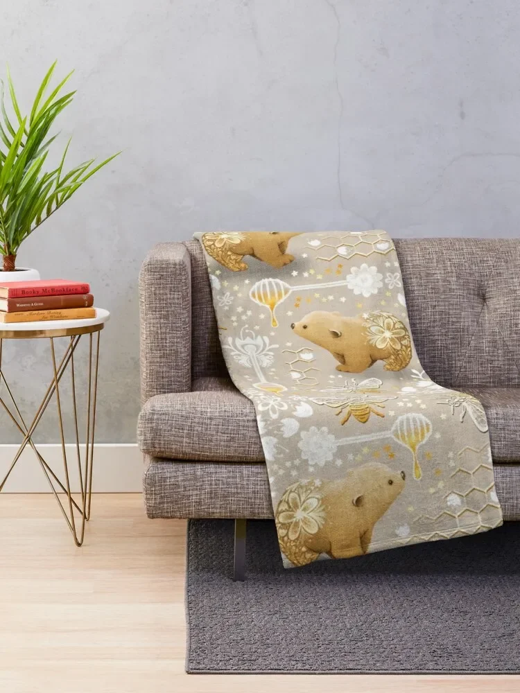 Bear-y Bee-utiful Honeybee Garden in Neutral Calm Tan Throw Blanket Sofa Quilt Soft Plaid Blankets