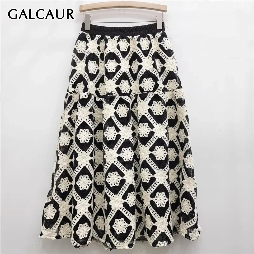 

GALCAUR Hit Color Spliced Crochet Flower Elegant Skirt Female High Waist Loose Temperament Women's Skirts Autumn Fashion Style