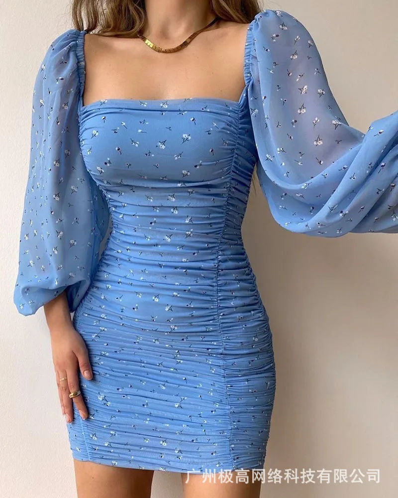 Robe d'été transfrontalière bleue à fleurs et col carré, en Stock, nouvelle collection 2026