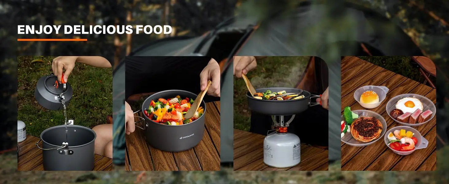 Odoland 10pcs Camping Cookware Camping Pots and Pans Set with Kettle Plastic Bowls and Soup Spoon for Camping, Backpacking, Outdoor Cooking and Picnic