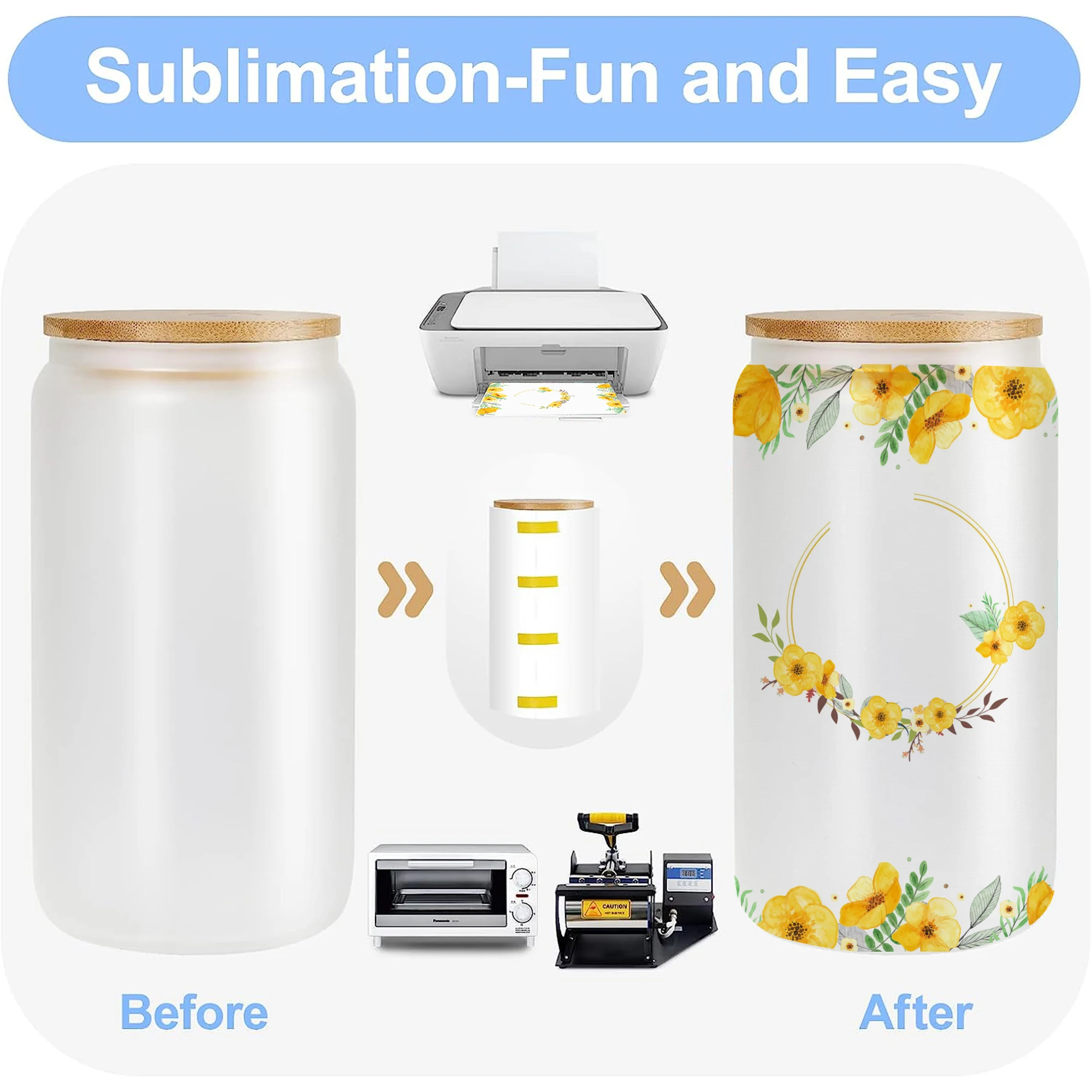 US Warehouse 8Pack Sublimation Blanks   Glass Cans Frosted   with Bamboo Lids and Straws Drinking Jars for Juice DIY