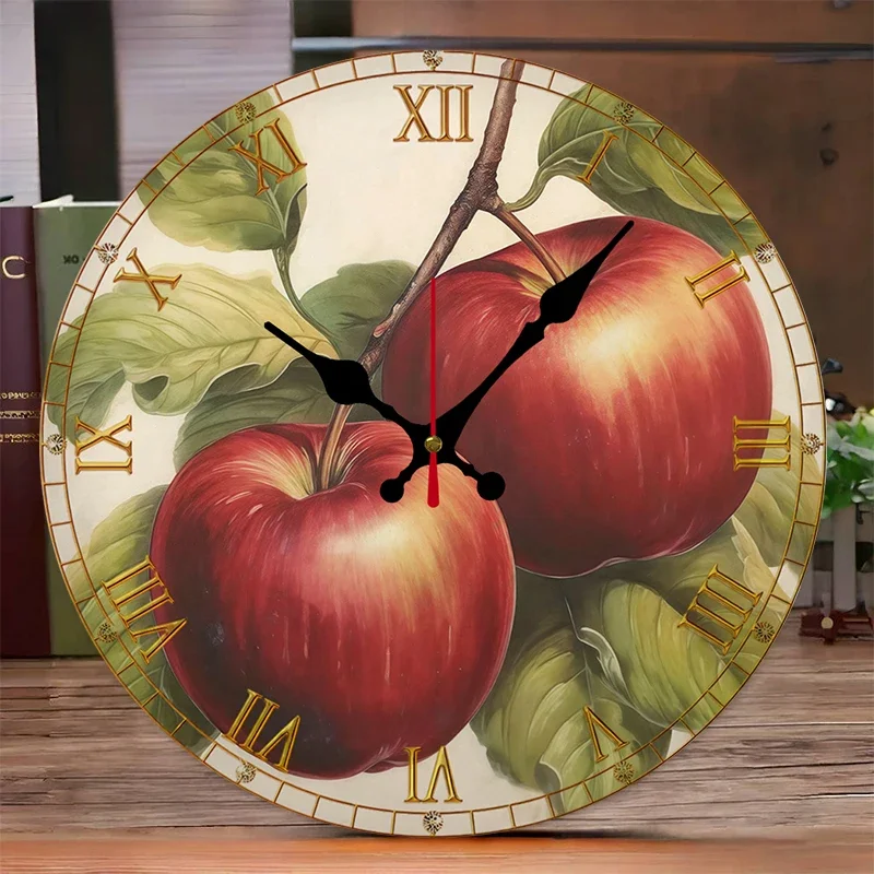 Red Apple Roman Wooden Round Silent Hanging Wall Clock, Suitable For Living Room, Office,Study Room, Bedroom,Home Decoration.