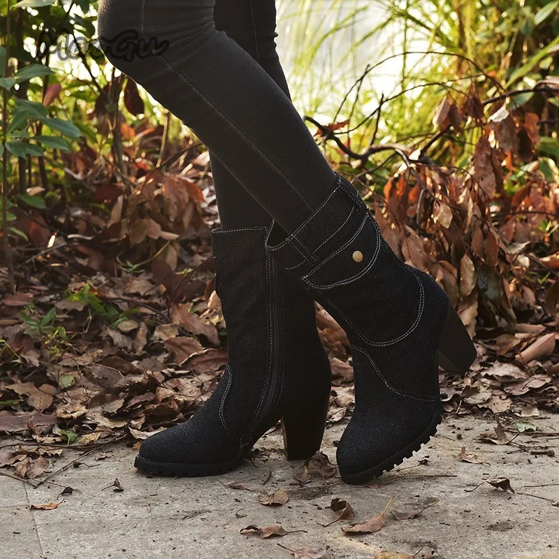 Women\'s Denim Mid-Calf Boots Pocket Decor Chunky Block Heel Ankle Boots Retro Western Style Casual Fashion Botas Mujer Size35-43
