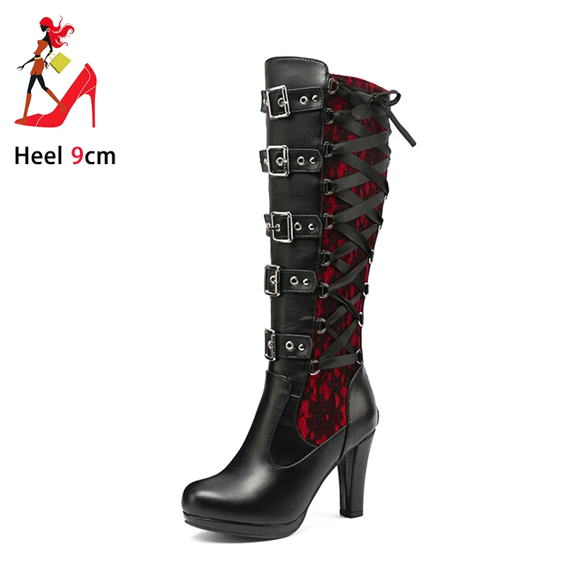 Black Knee High Boots Women Rear Zipper Lace Decorated Shoes Fashion Buckle Strap Cosplay High Heels Round Toe Platform Boots