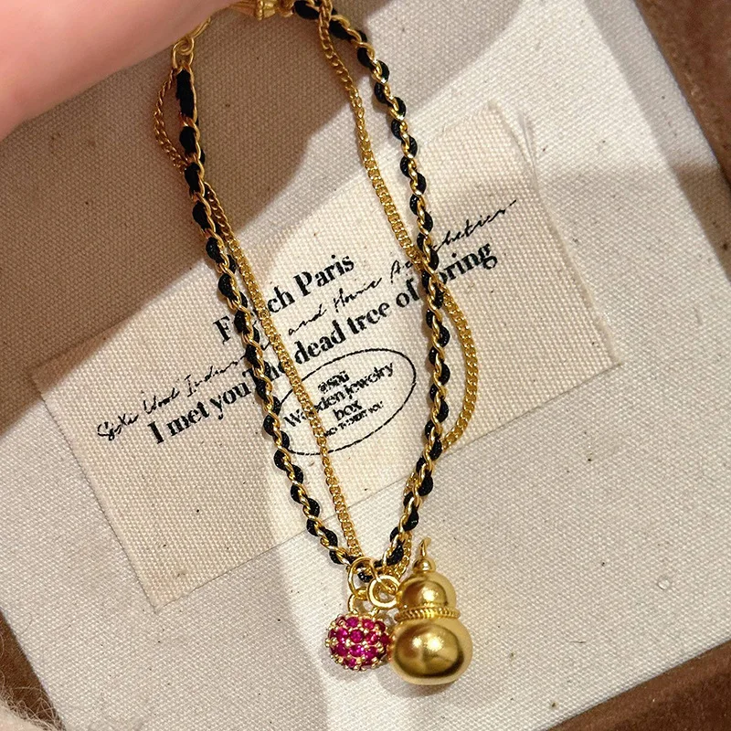 Classic vintage double-layer chain black gold woven rope gourd hand rope lanyard ainlaid pink diamond berry ball pendant jewelry