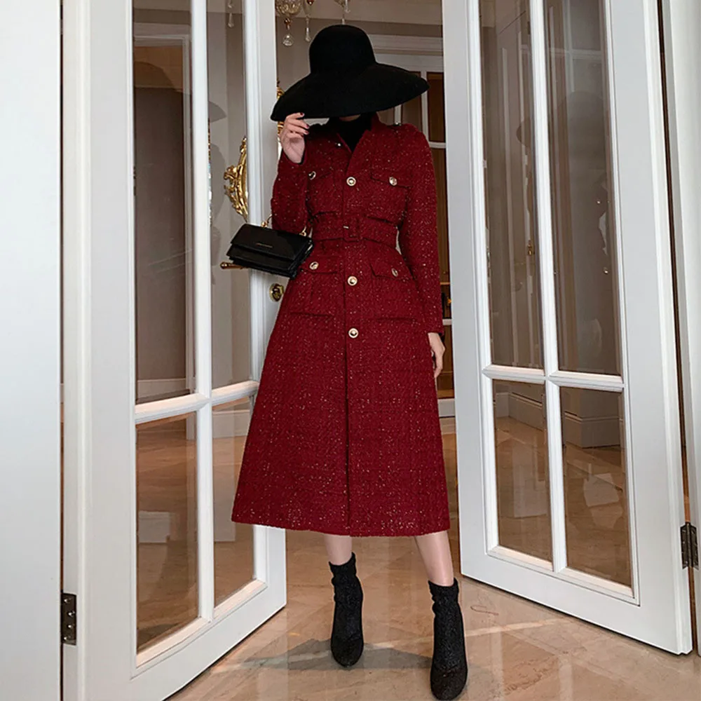 Autumn Winter Office Lady Dress Temperament Red Tweed Coat Women Suit Collar Pockets Belt Waist Long Plaid Woolen Blends Jacket