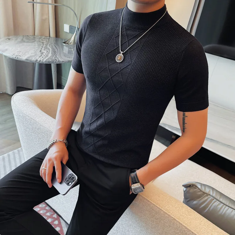 

Short Sleeve Sweater Men Korean Luxury Clothing Slim Fit Casual Turtleneck Mens Sweaters All Match Elastic Knitted Pull Homme