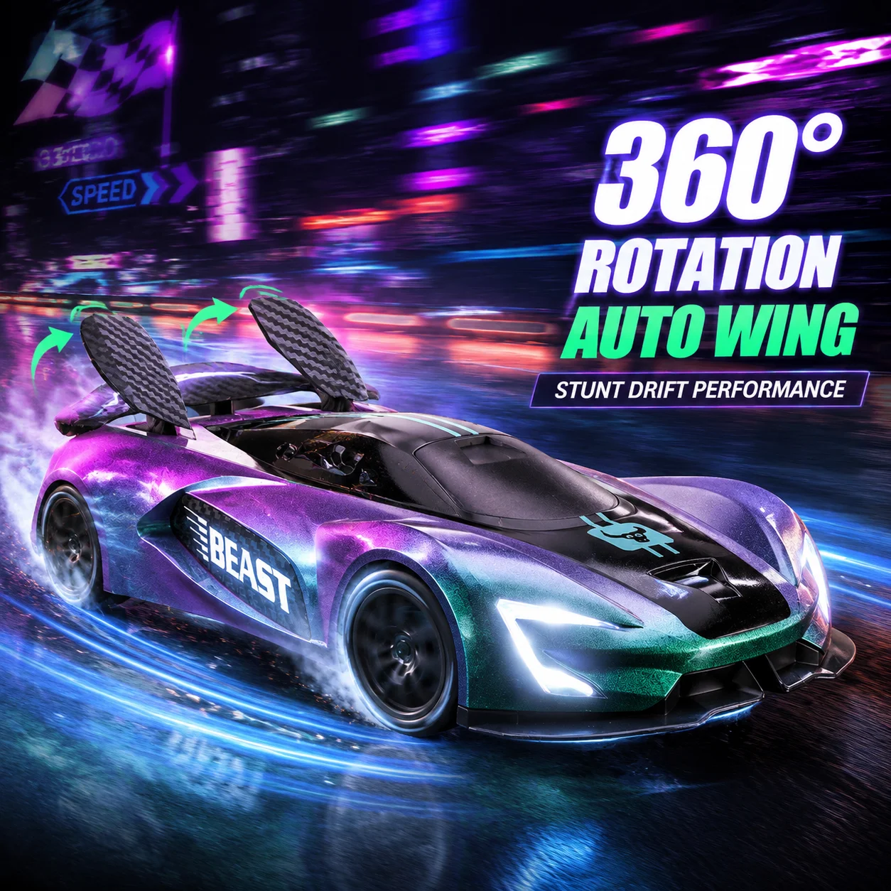 SG208Pro RC Drift Race Car 2.4GHz Remote Control Sports Vehicle Chameleon Gradient Paint Shell Auto Swing Rear Wing LED Light &