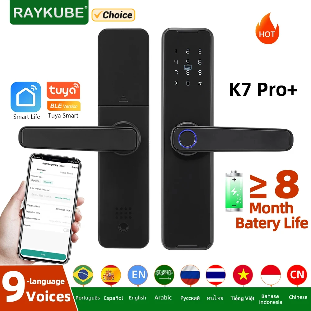 RAYKUBE Biometric Fingerprint Door Lock K7 Pro+ Black Smart Lock Tuya App Remote Unlocking Keyless Lock Electronic Door Lock