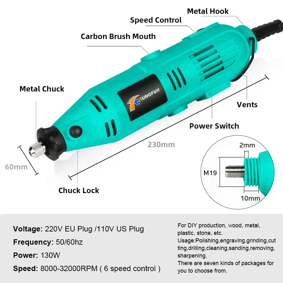 Wiertarka elektryczna Tungfull Szlifierka Dremel Mini polerki z zestawem akcesoriów szlifierskich Elektryczne narzędzie obrotowe Mini wiertarka