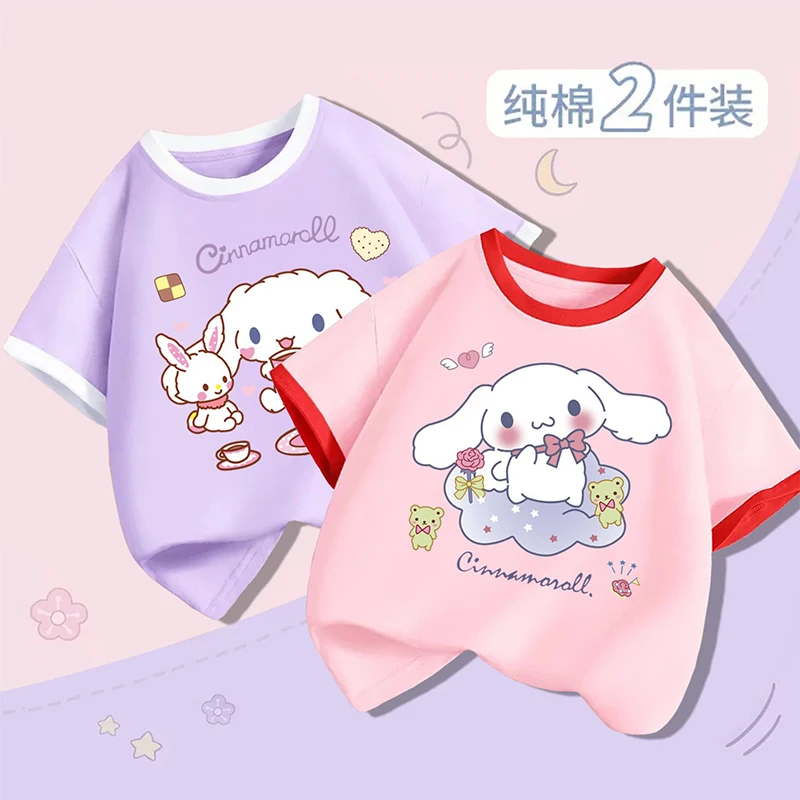 2Pcs Kawaii Cinnamoroll Short Sleeve Girls Summer Cotton T-Shirt Cute Cartoon Children Clothes Loose Half-Sleeved Tops for Kids