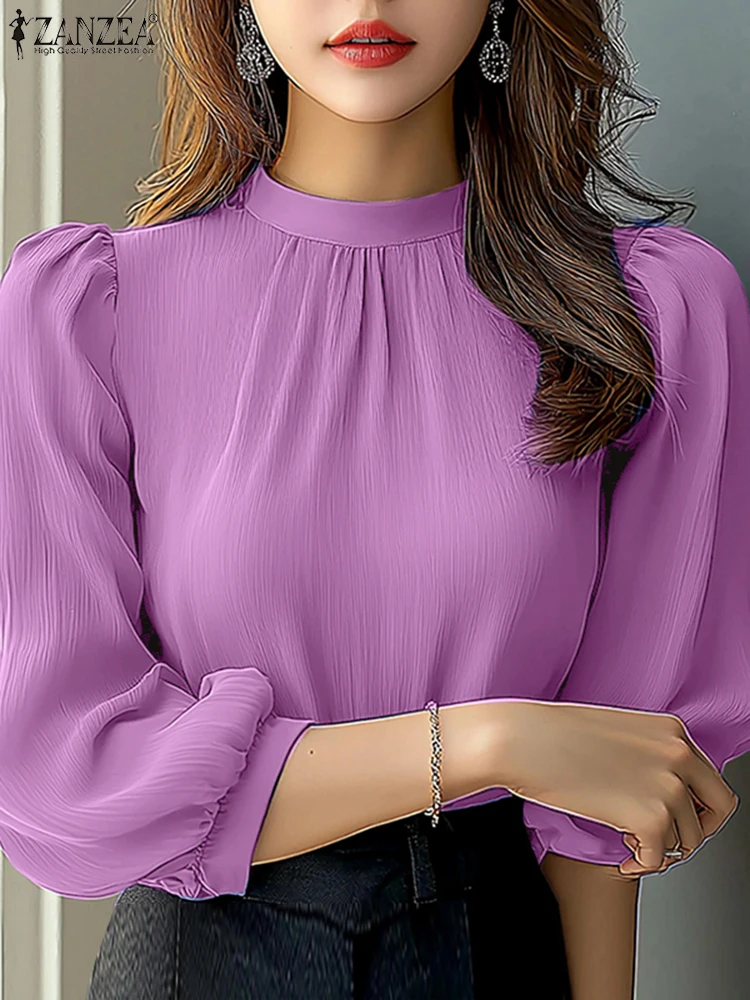 

Stylish Office OL Blouses ZANZEA Summer Women Tops Elegant Stand Neck 3/4 Sleeve Solid Blusas Female Tunic Chemise Holiday Shirt