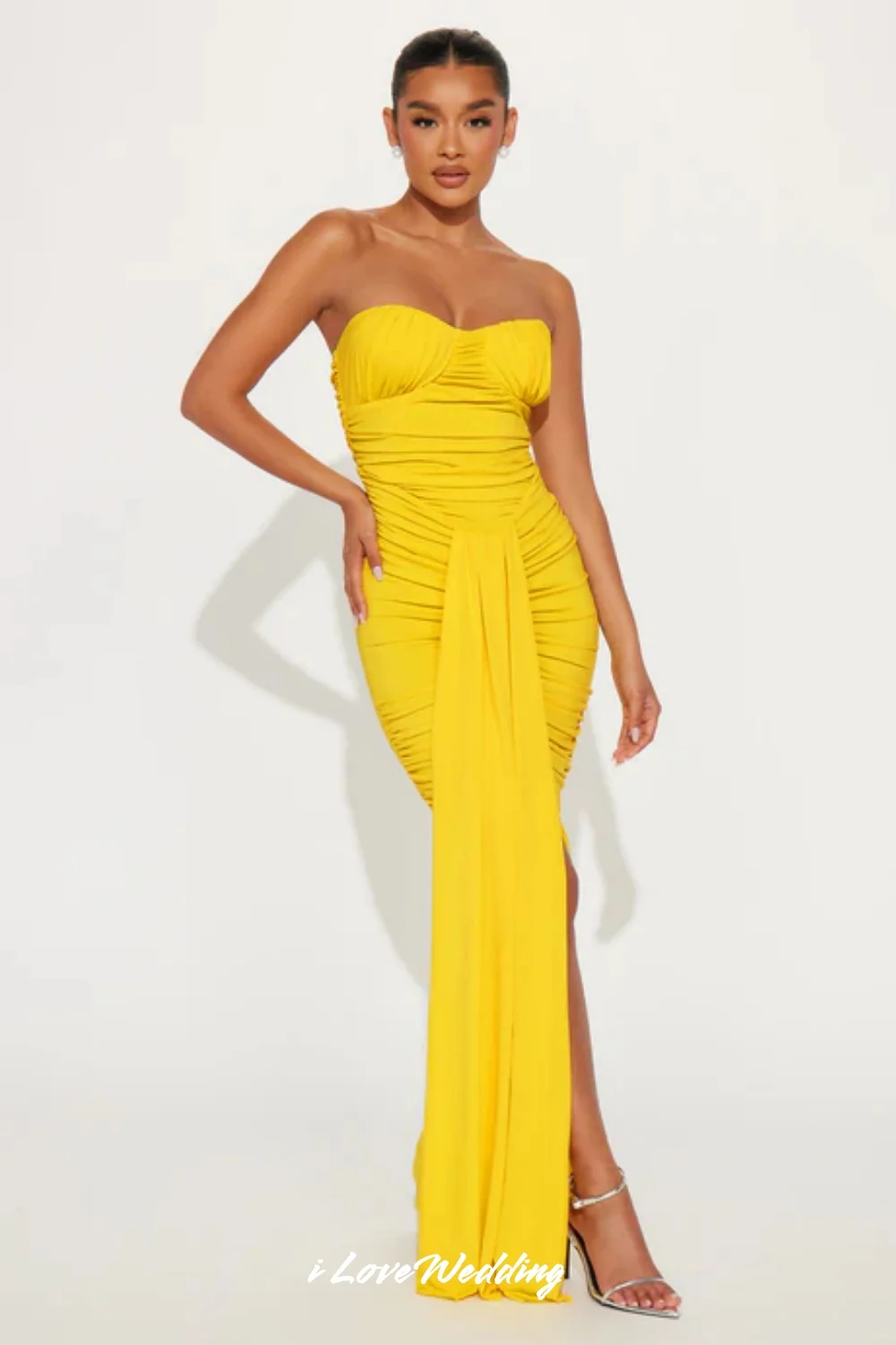 

Yellow Strapless Evening Dresses 2025 Chiffon Sleeveless Backless Mermaid Pleated Floor-Length Wedding Party Dresses Customized