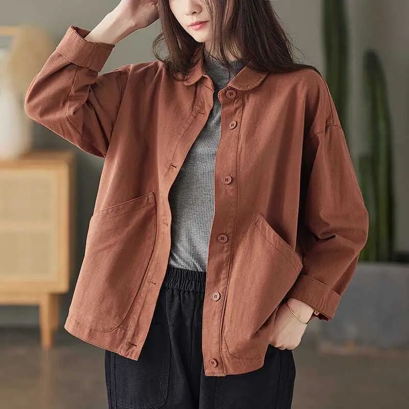 2023 Spring and Autumn Season Art Retro Simple Twill Cotton Solid Pocket Single Breasted Loose and Versatile Women\'s Shirt Coat