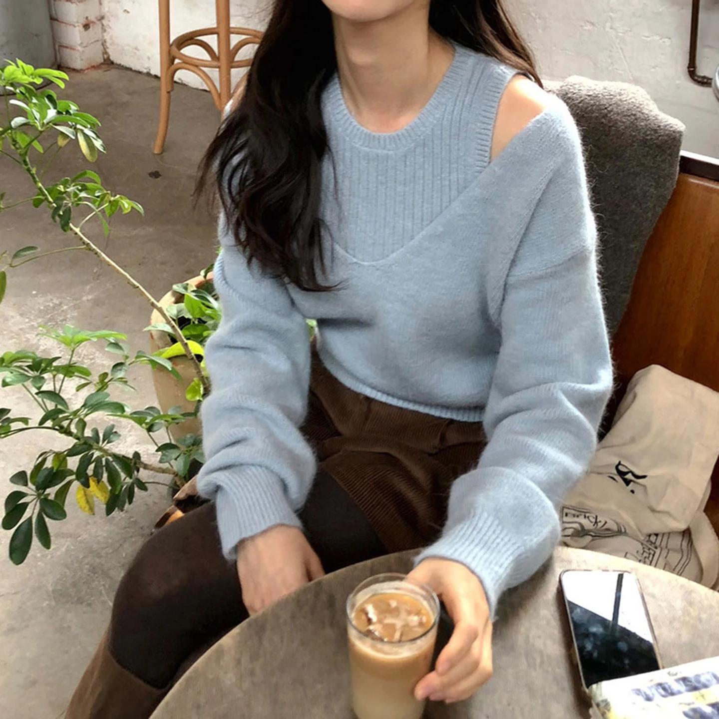 Korean Chic Autumn Winter Soft Girl Plu Sweater Striped Vest V Ne Knitted Long Sve Top Bot Set Women Faion Outfit