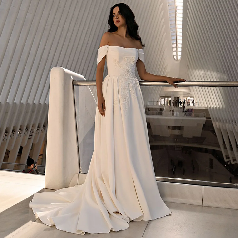 Modern Off Shoulder Wedding Dress Customized Boat Neck Beading Applique Court Train A Line Vestido De Noiva Bridal Gown