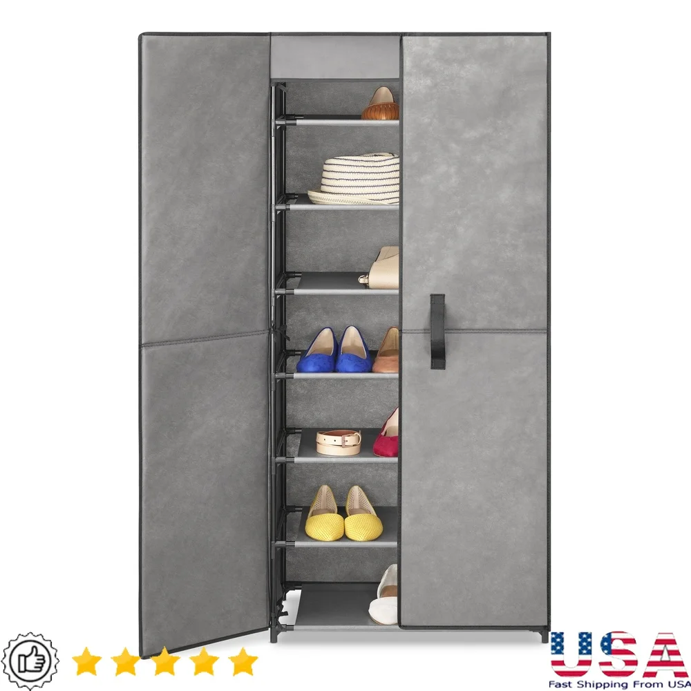 

7-Tier Shoe Rack with Doors Easy Assembly Non-Woven Cover Storage 21 Pairs Durable Metal Frame Perfect Entryway Garage Closet