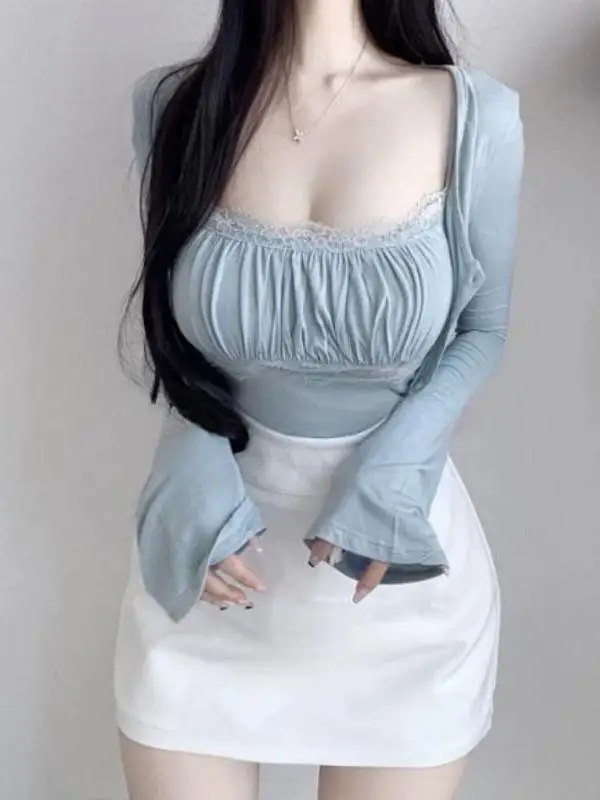 

Потрясающий комплект из кардигана с кружевной отделкой и топа: женский модный костюм из двух предметов в стиле High Sensual Pure Desire, из смесового хлопка.