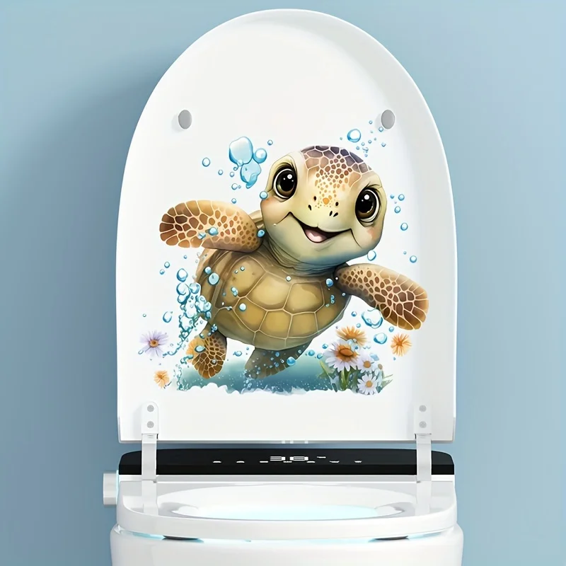 Cute Turtle Bathroom Decor - Self-Adhesive Toilet Lid Sticker, Fun Marine-Themed Wall & Door Decor Decals M1123