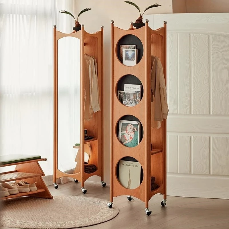 

Solid wood rotating coat rack full mirror cabinet magazine rack