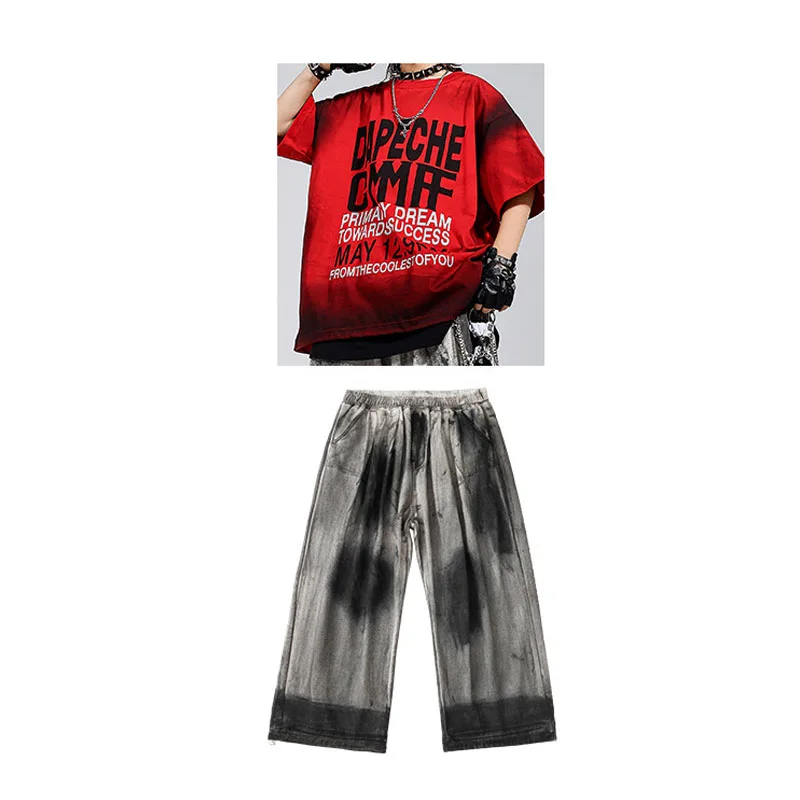 Ropa de Hip Hop Kpop para chico, camiseta con letras rojas, pantalones de pierna ancha informales pintados con aerosol para niña y niño, Ropa de baile, disfraces