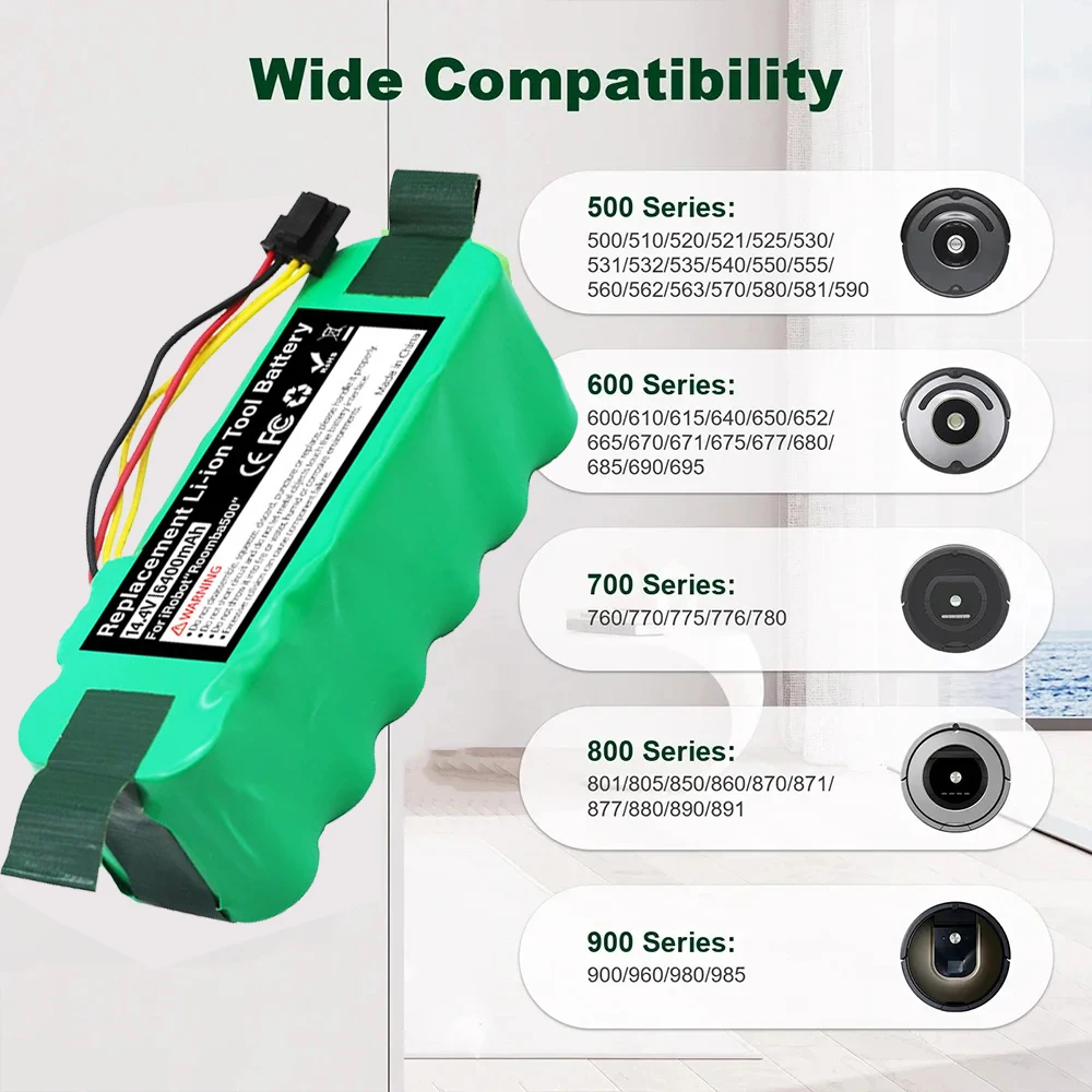 Imagem -05 - Bateria para Irobot Roomba 6.4ah 14.4v Baterias Li-ion 500 600 700 800 900 595 620 650 780