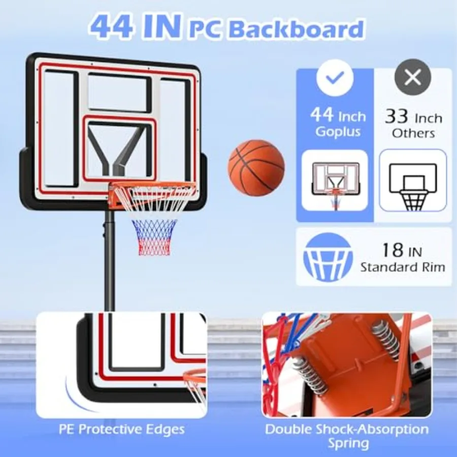 Outdoor Basketball Hoop with 7.410FT Height Adjustable System 44 Inch Shatterproof PC Backboard HeavyDuty Wheels Durable Stand