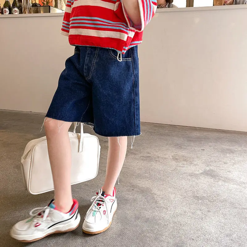 

Летние джинсовые шорты для девочек-подростков, однотонные, с эластичным поясом, повседневные, свободные, для малышей и детей