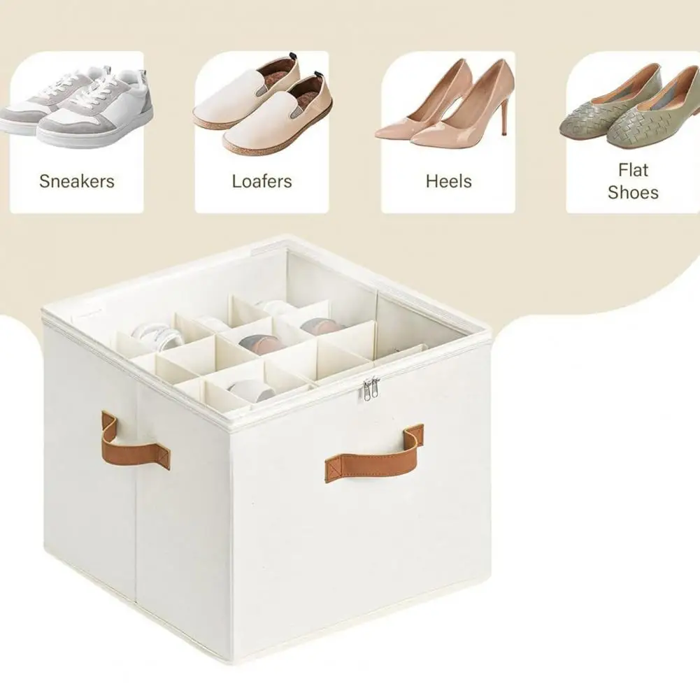 Shoe Cabinet with Dividers Foldable Dustproof Shoe Storage Box with Transparent Lid Zipper Closure Multi Compartment Closet