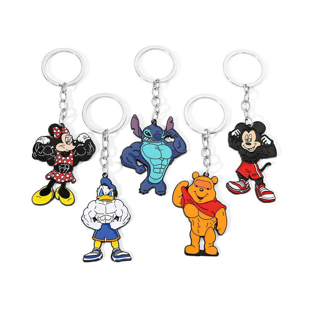 Disney Muscle Stitch Keychain Cartoon Figure Muscle Mickey Minnie Donald Duck Metal Badge Pendant Keychain Jewelry Accessories