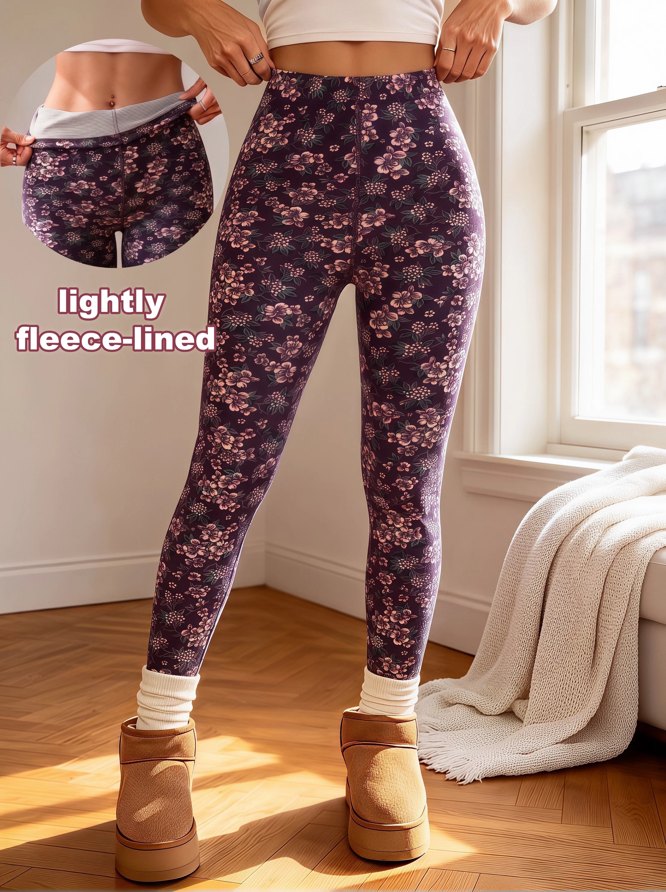 Damen-Leggings mit hoher Taille, Vintage-Blumenmuster, aus leichtem Fleece, hohe Elastizität, weich, warm, schmal geschnitten, für Herbst und Winter, Thermohose. – Detail 3